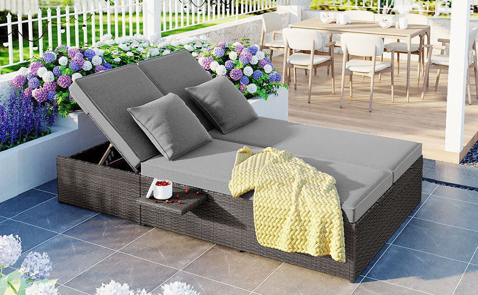 Outdoor Double Sun bed, Wicker Rattan Patio Reclining Chairs with Adjustable Backrest and Seat, Conversational Set for 2 Person - Gray