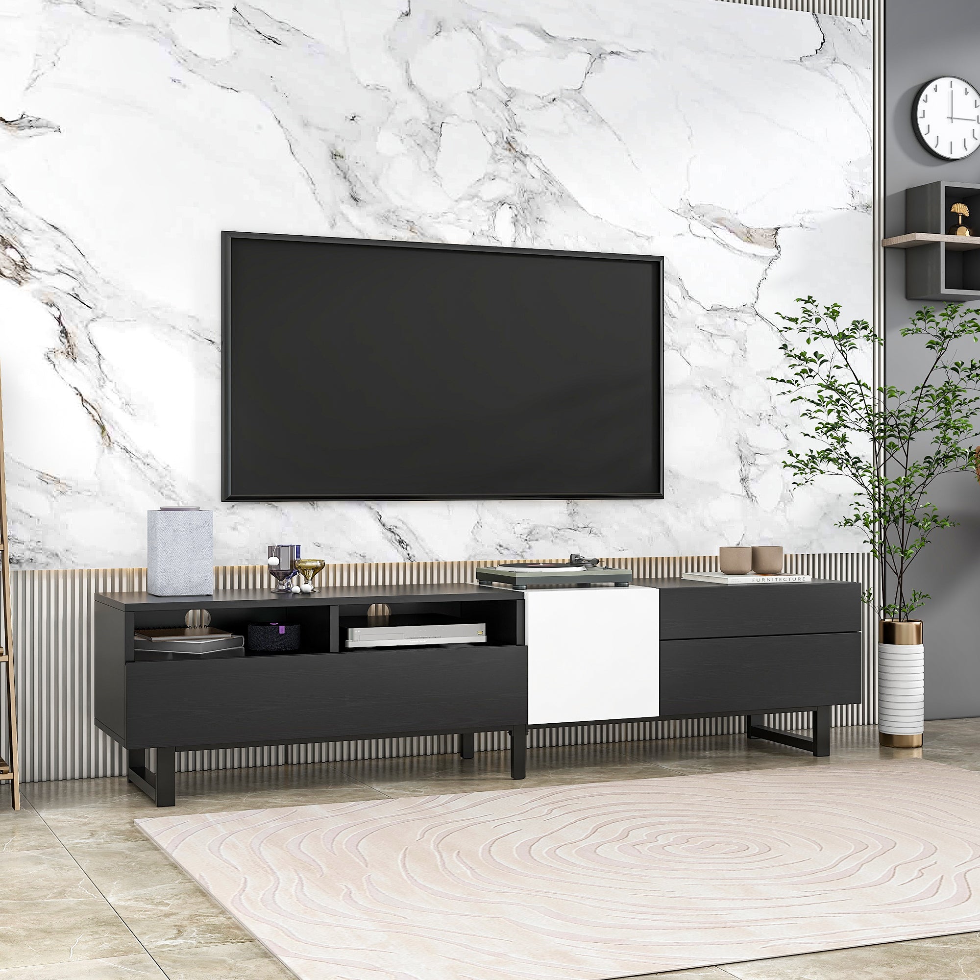Modern TV Stand for 80'' TV with Double Storage Space, Media Console Table - Black