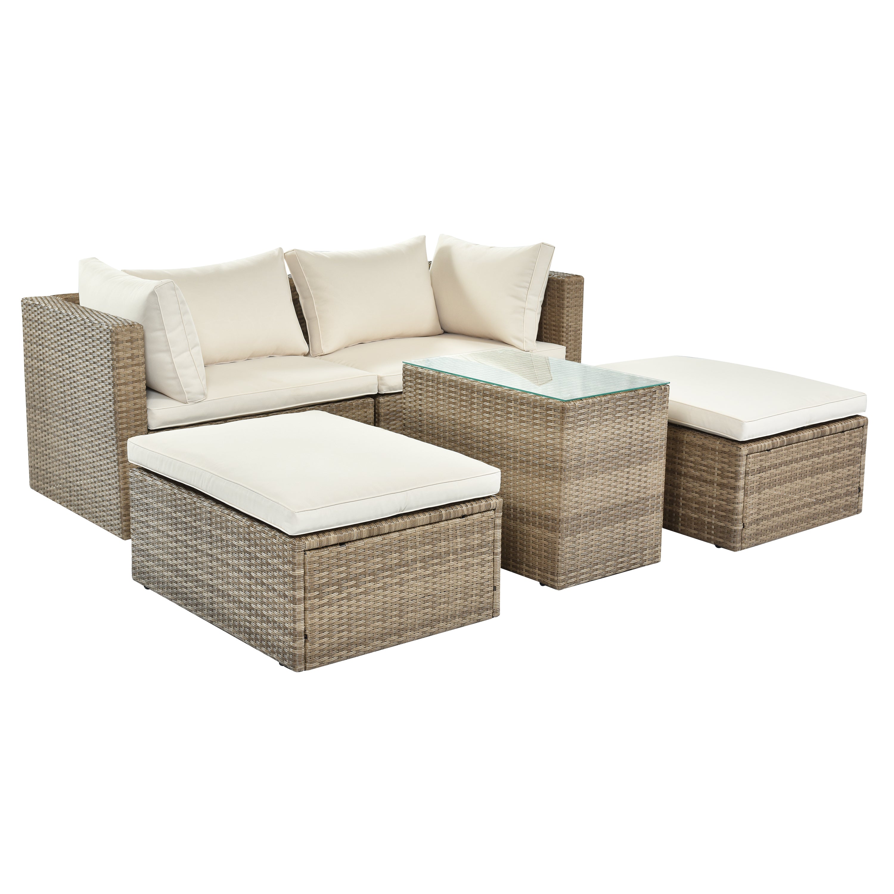 Outdoor Patio Furniture Set, 5-Piece Wicker Rattan Sectional Sofa Set - Brown and Beige