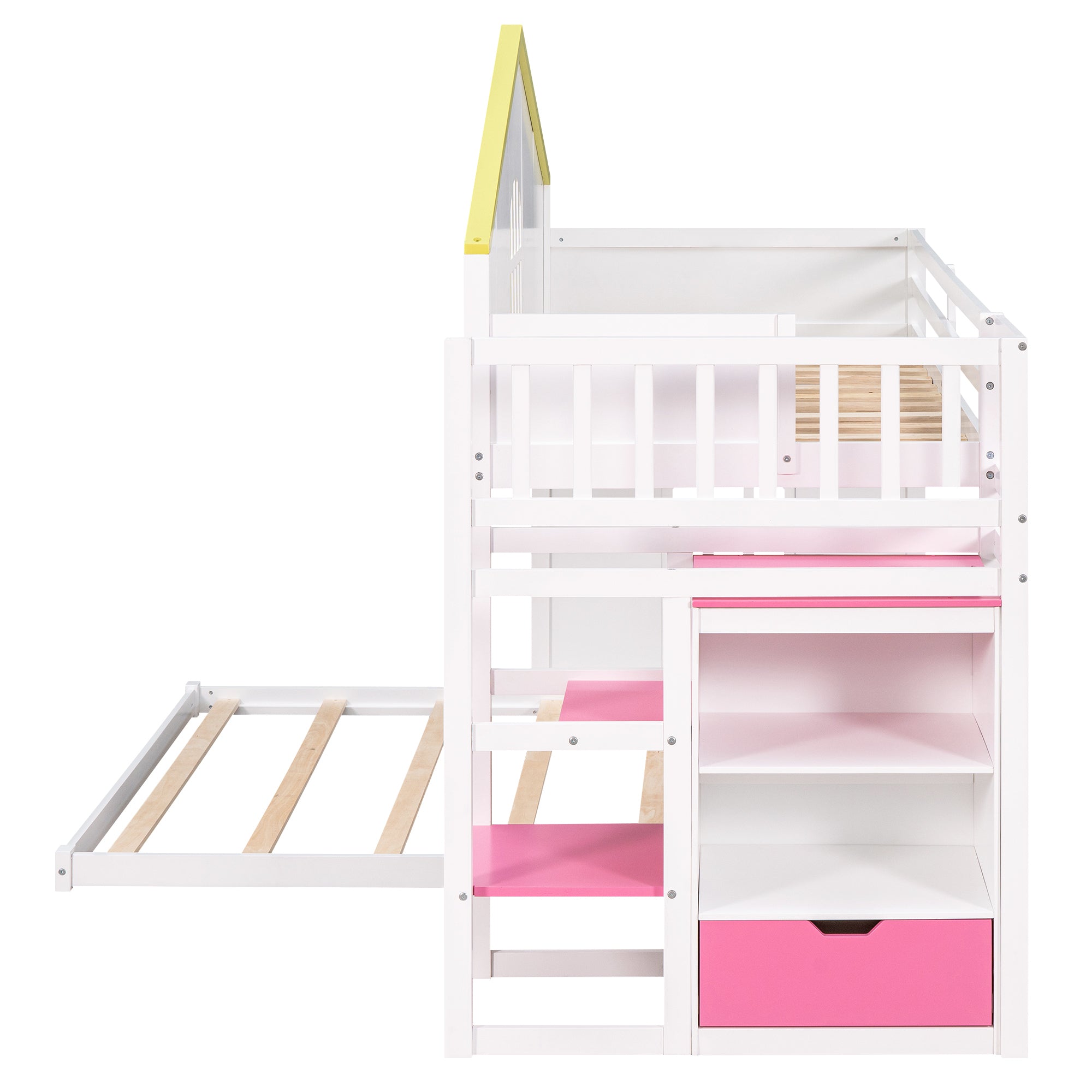 Twin over Full House Bunk Bed with Pink Staircase & Drawer - White