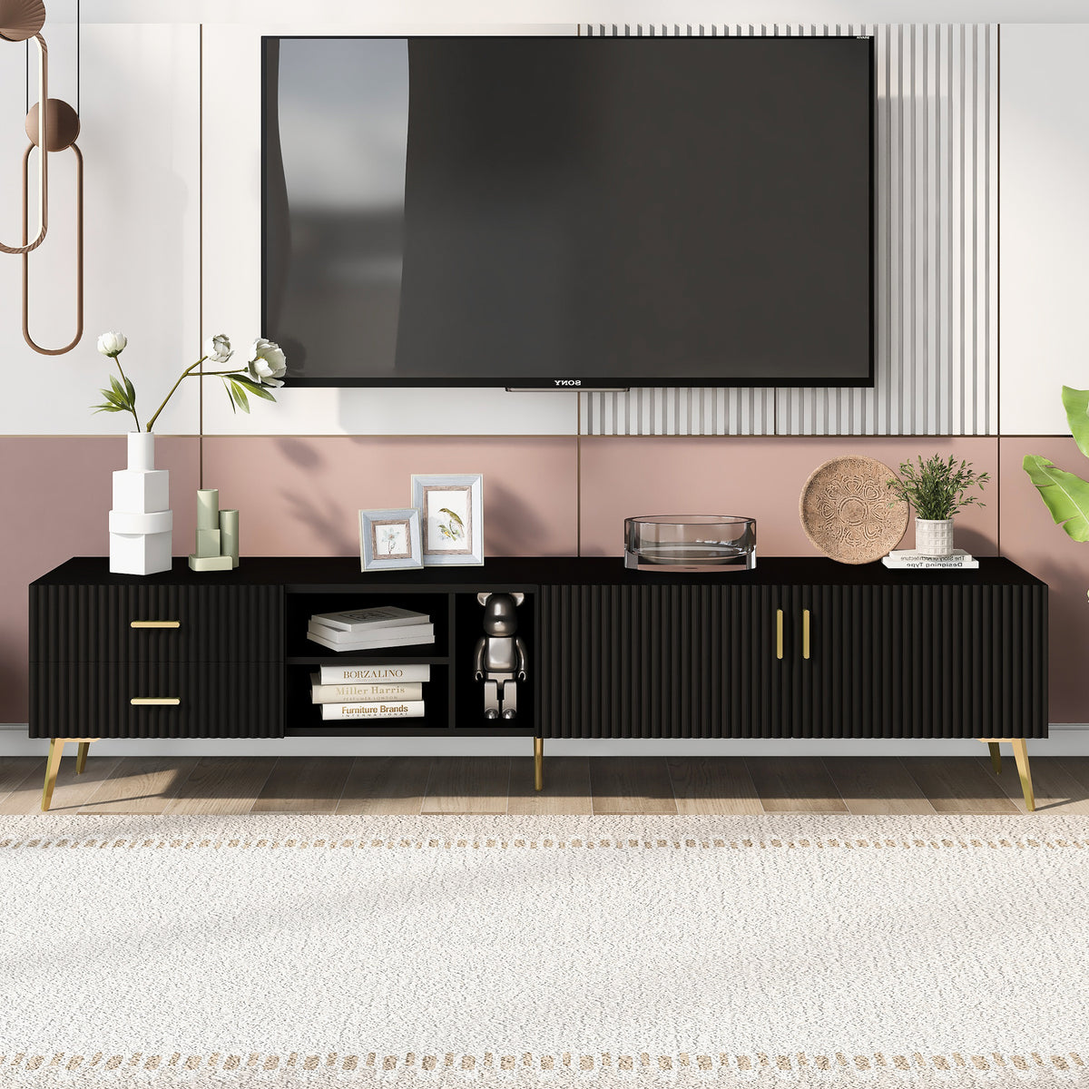 Modern TV Stand with 5 Champagne legs for TVS up to 77" - Black