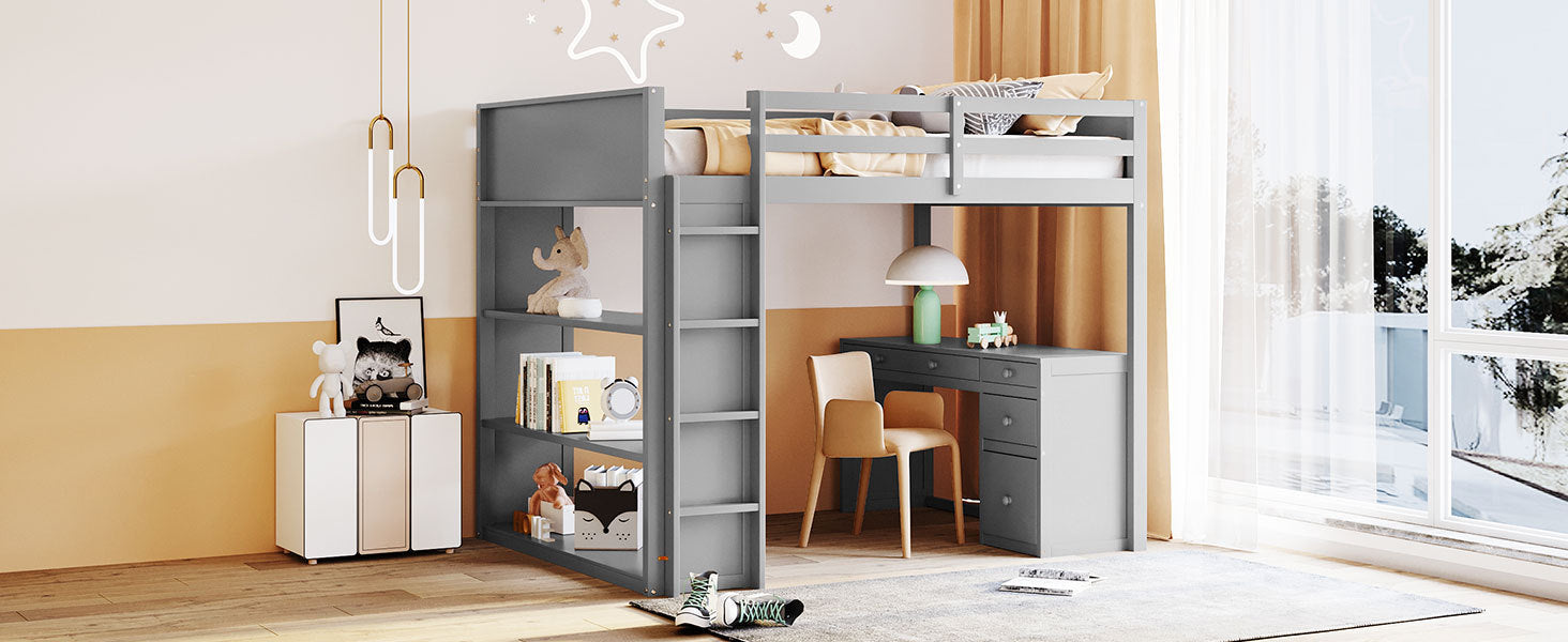 Full Size Loft Bed with Ladder, Shelves and Desk - Gray