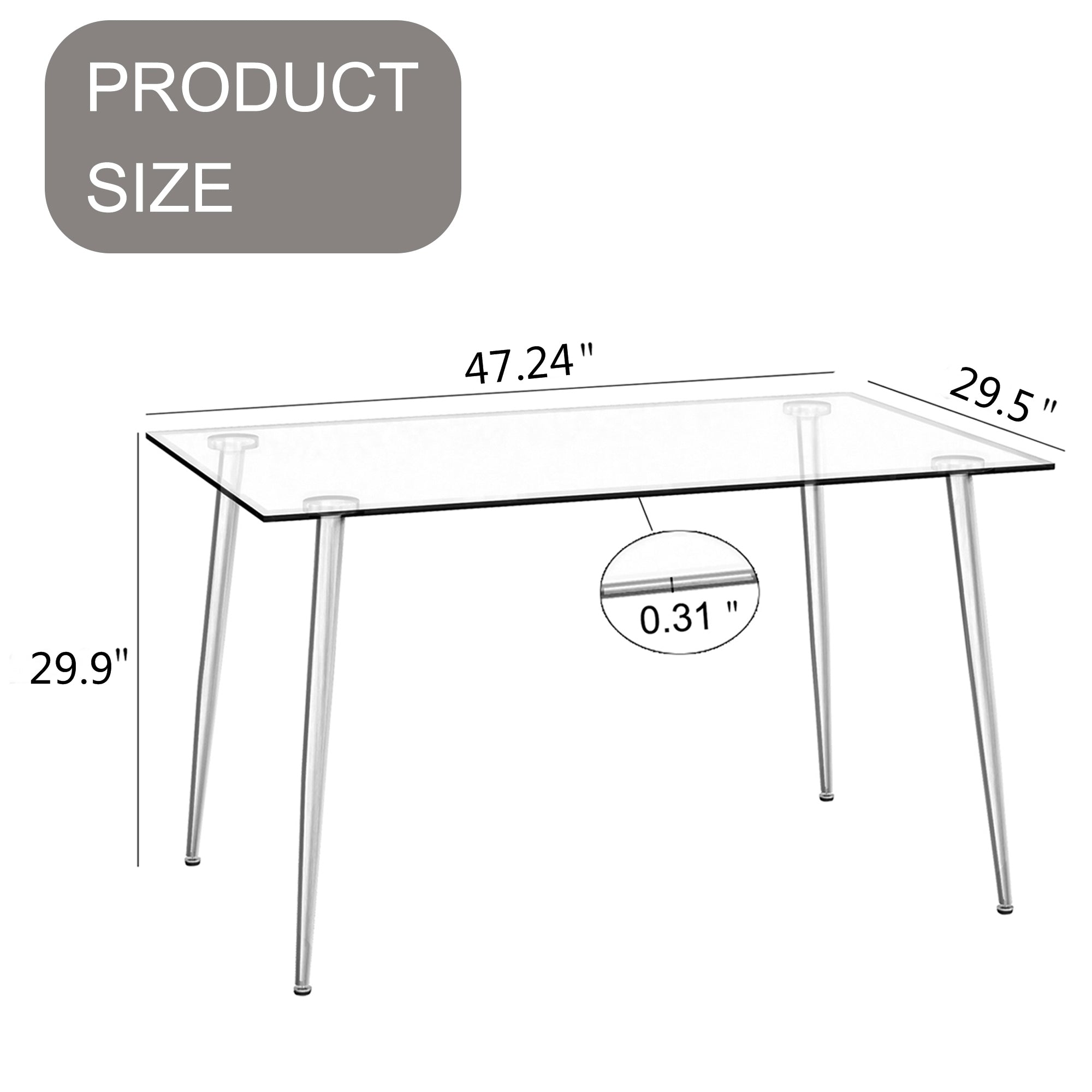 Modern Minimalist Rectangular Glass Dining Table for 4-6 with 0.31" Tempered Glass Tabletop and Wood color Coating Metal Legs - Transparent