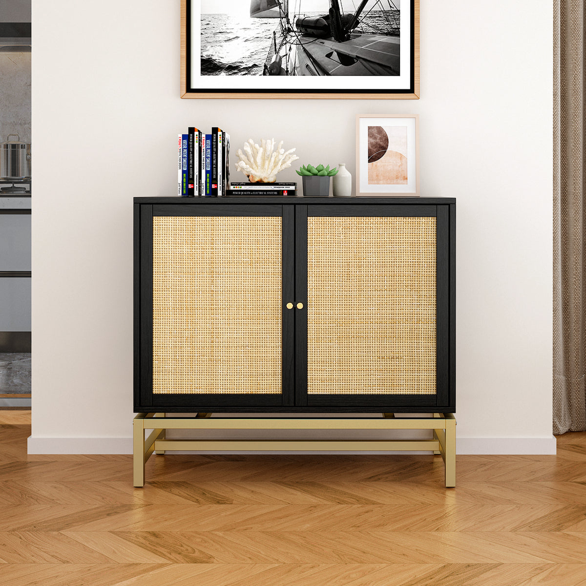 Natural Rattan 2 Door Cabinet - Black