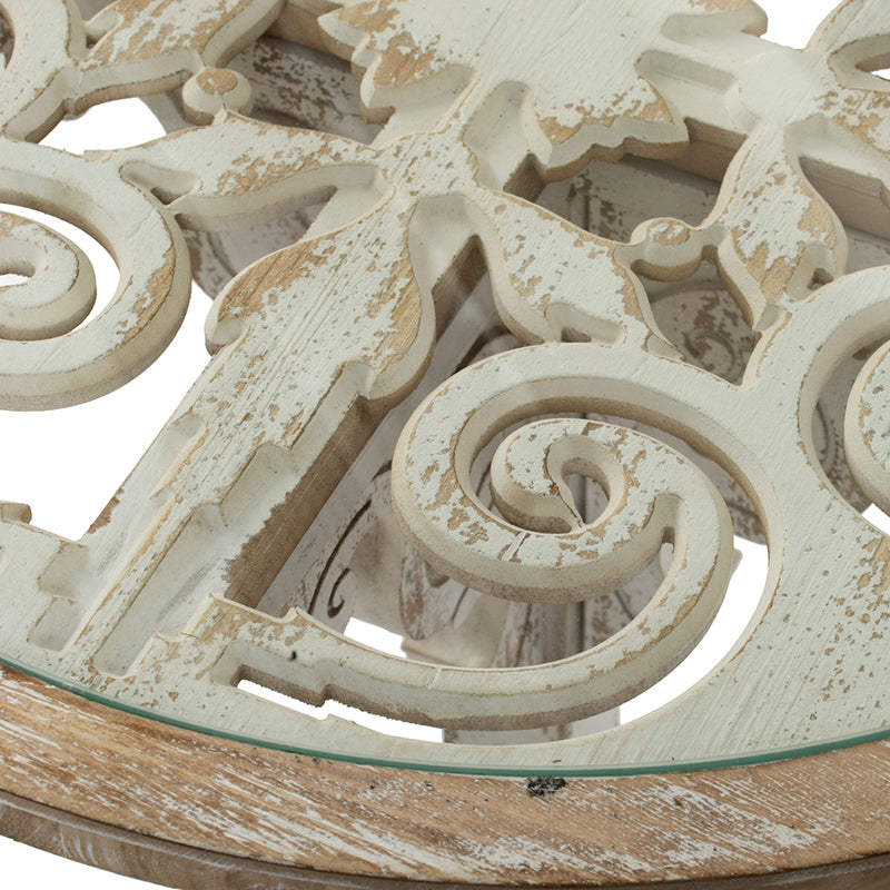 Round Wooden Carved Table - Distressed White Finish Design 24x28.5"