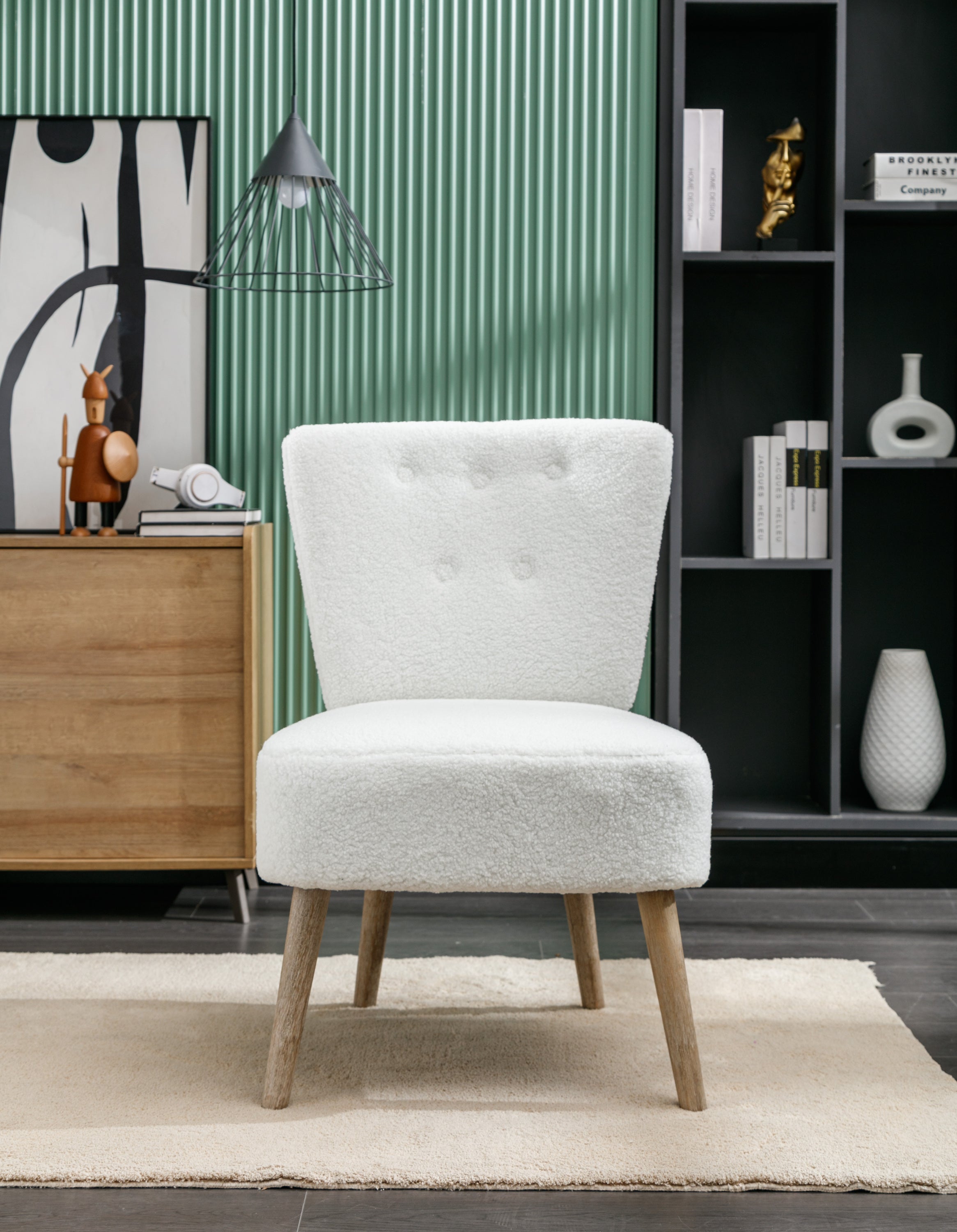 Teddy Fabric Button Accent Slipper Chair With Wooden Legs - White