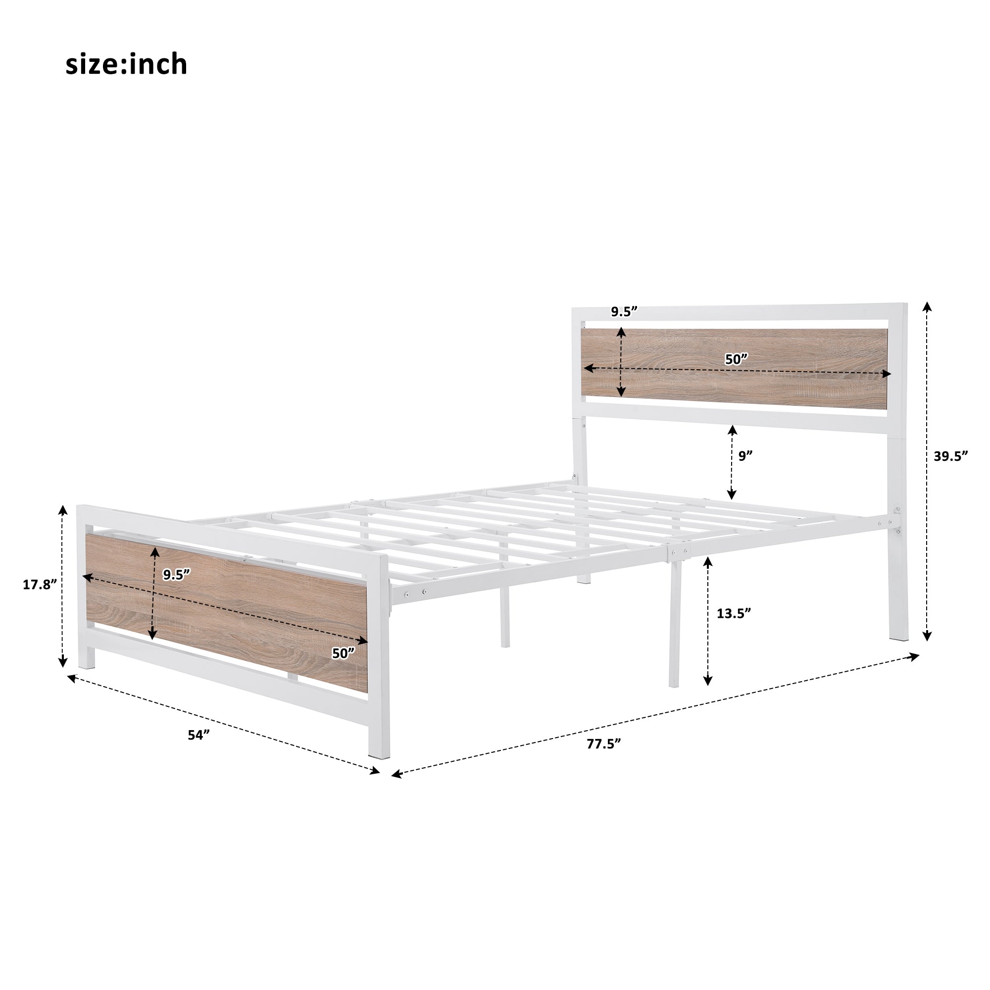Full Size Platform Bed No Box Spring Needed- White