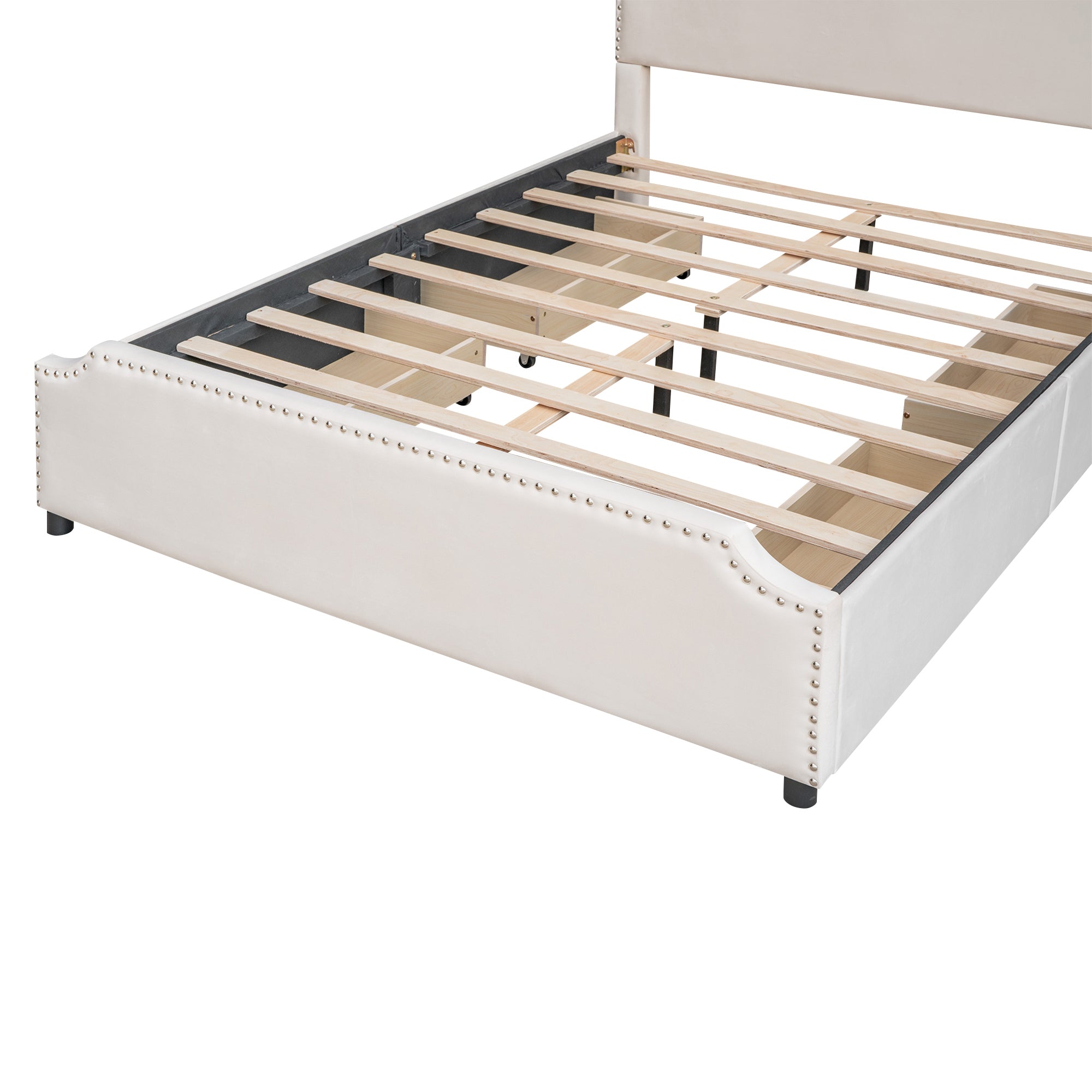 Queen Size Upholstered Platform Bed with Stud Trim Headboard and Footboard and 4 Drawers No Box Spring Needed, Velvet Fabric - Beige