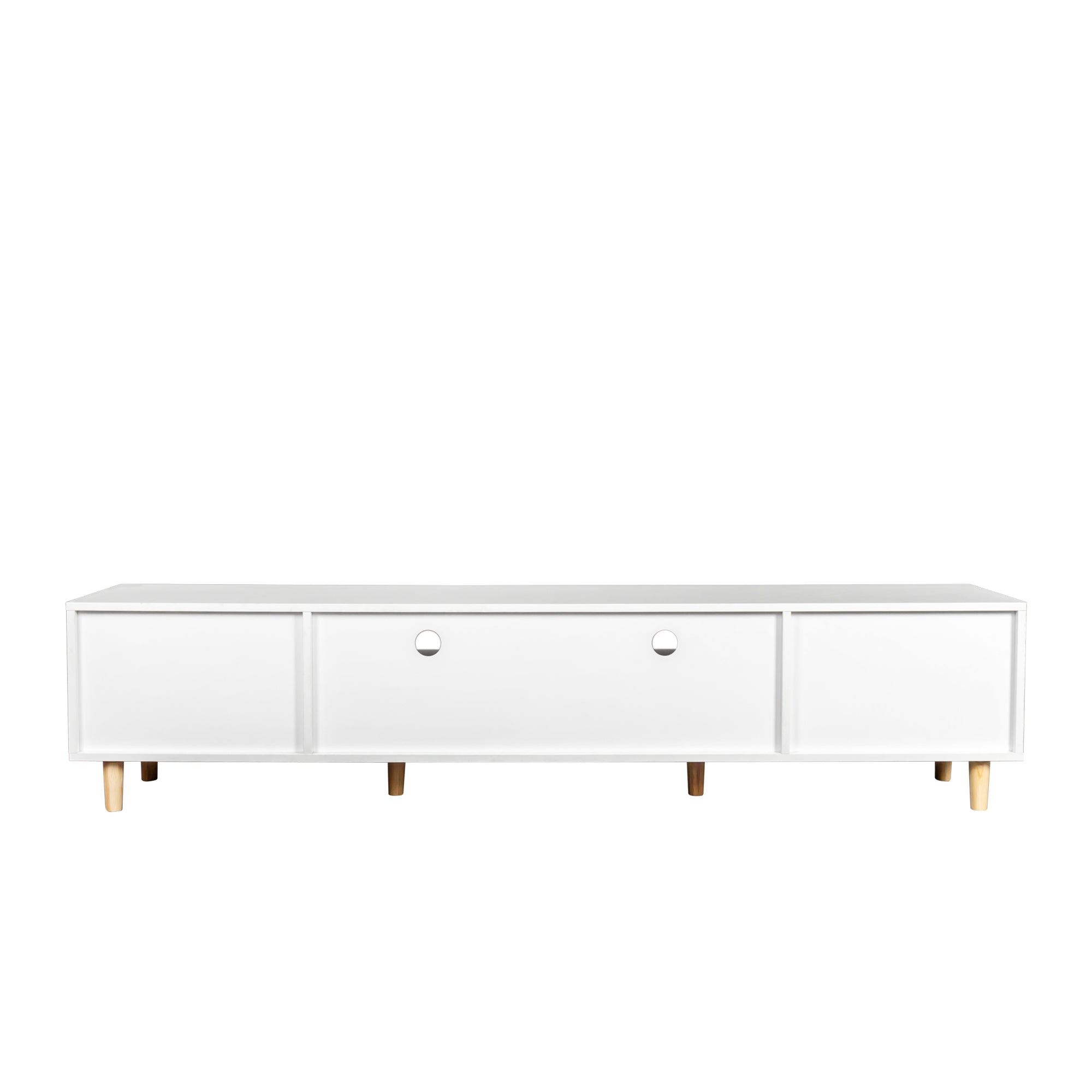 Farmhouse Rattan TV Stand Modern Wood with 2 Doors and 2 Open Shelves - White