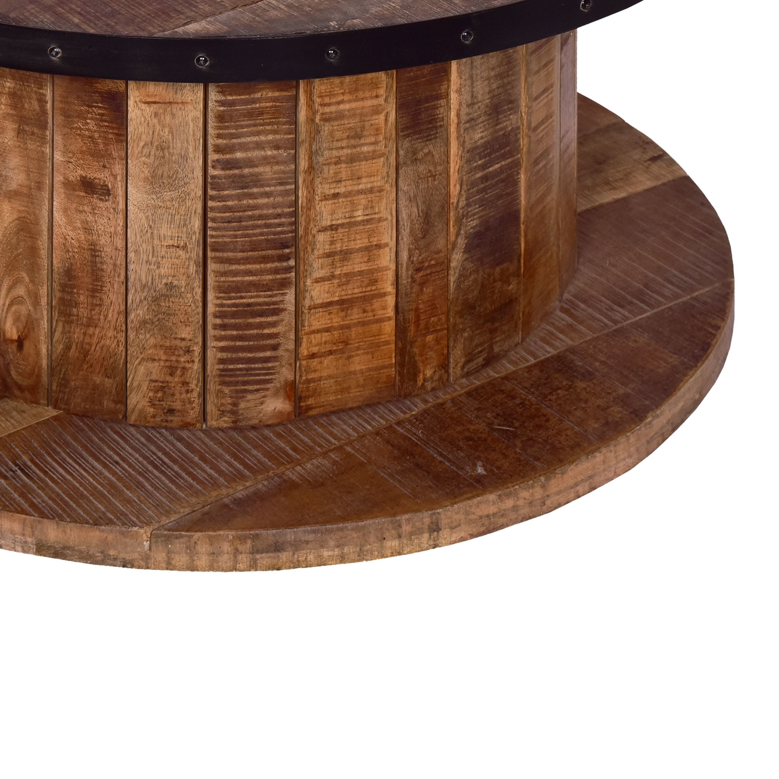 Mango Wood Farmhouse Coffee Table with Rustic Plank Style Round Top and Base - Walnut and Natural Brown