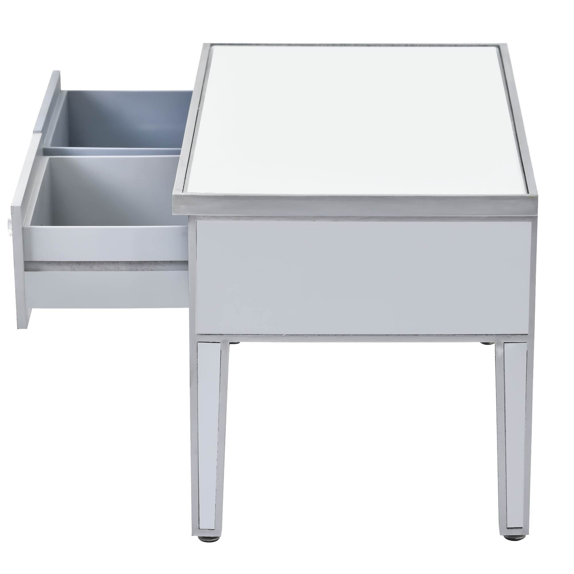 Modern Glass Mirrored Coffee Table with 2 Drawers, Cocktail Table with Crystal Handles and Adjustable Height Legs - Silver