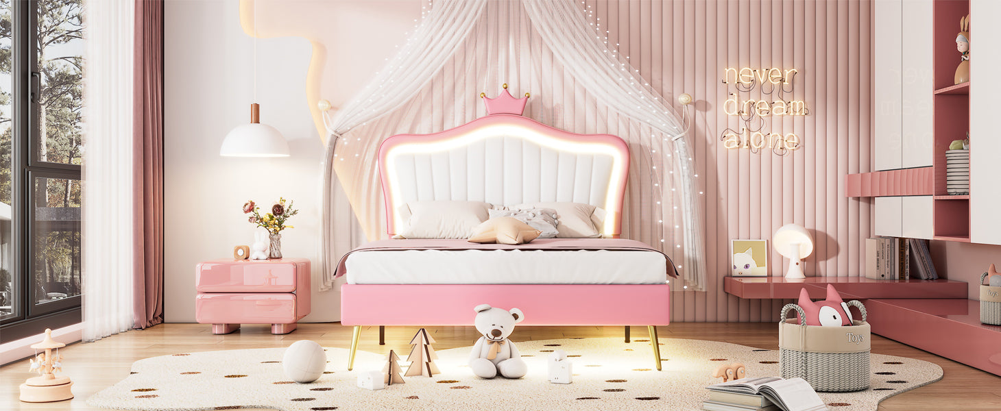 Full Size Princess Bed With Crown Headboard with LED Lights - White+Pink