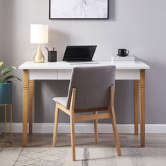 Home Office Desk Computer with Solid Wood Legs & 1 Drawer - White + Wood