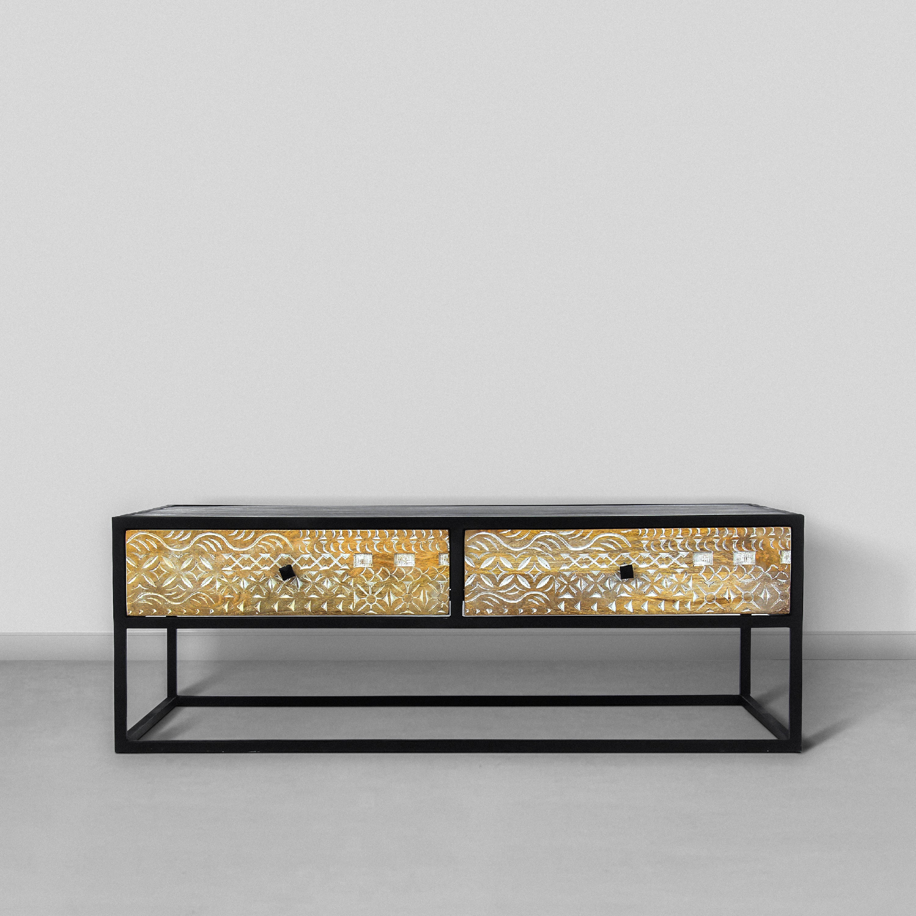 45 Inch Carson Rectangular Mango Wood Coffee Table with Metal Frame and 2 Drawers - Brown and Black