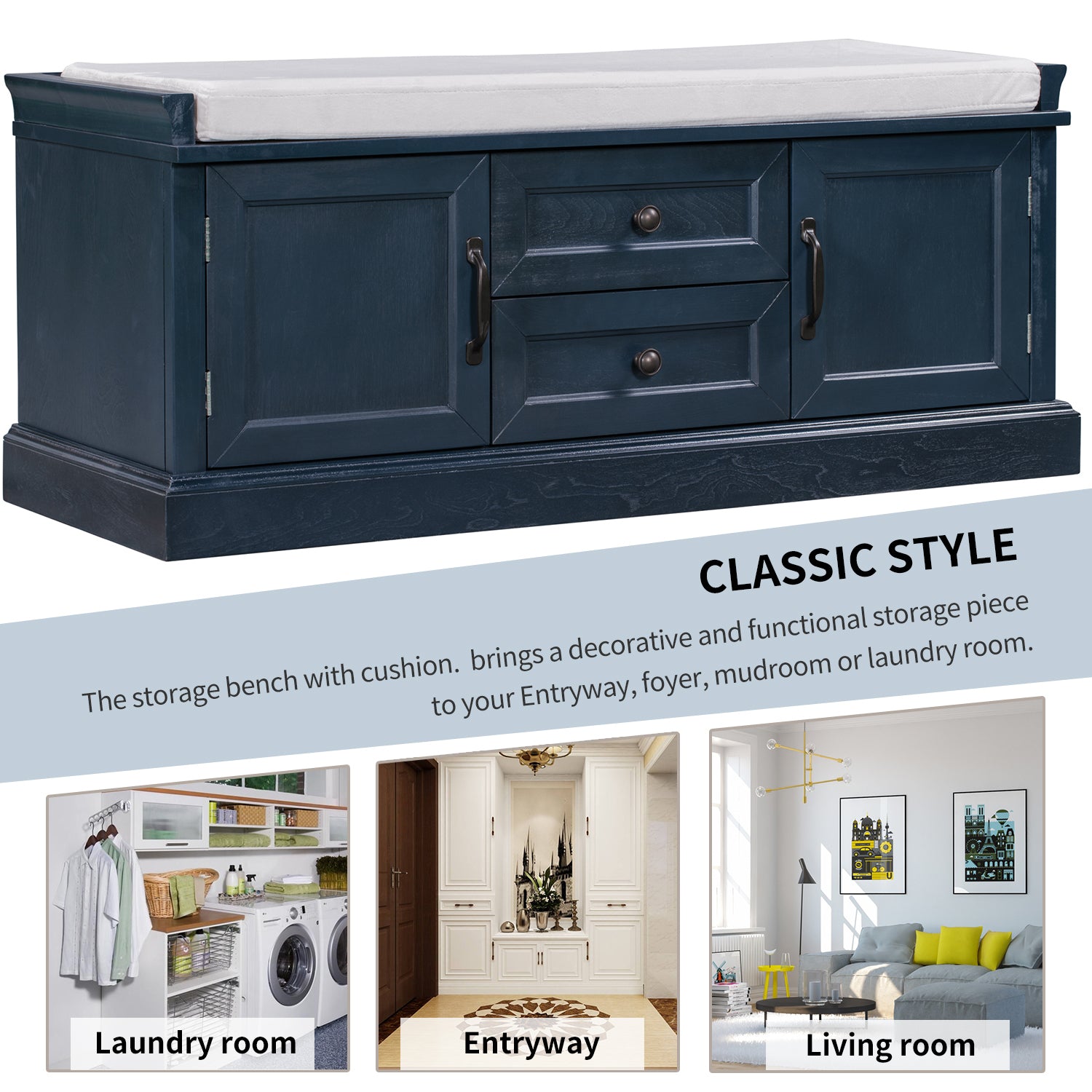 Storage Bench with 2 Drawers and 2 Cabinets with Removable Cushion