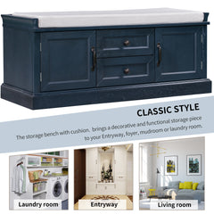 Storage Bench with 2 Drawers and 2 Cabinets with Removable Cushion