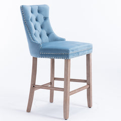 Contemporary Velvet Upholstered Barstools with Button Tufted Decoration and Wooden Legs, and Chrome Nailhead Trim, Bar stools (Set of 2) - Light Blue