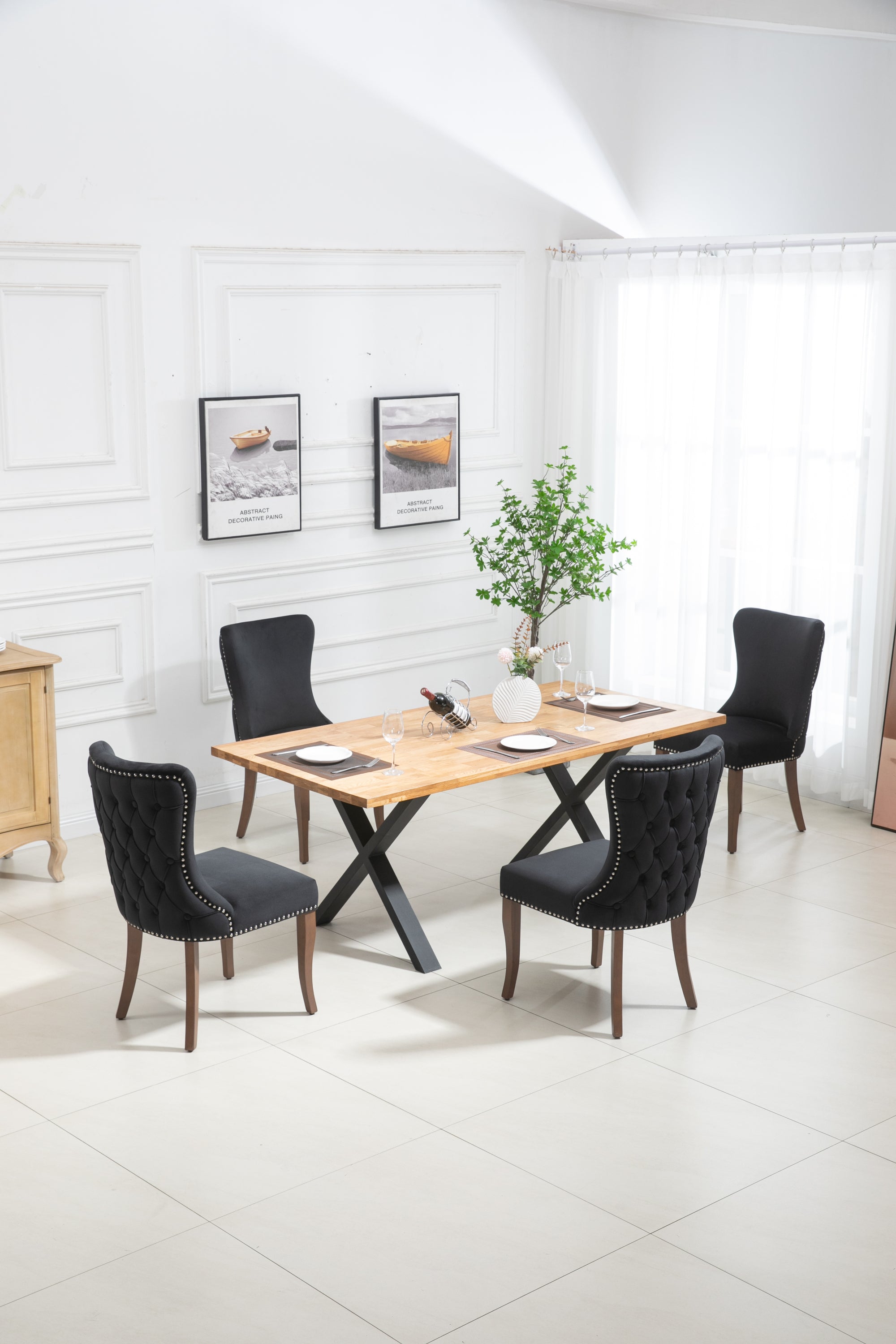 Velvet Upholstered Dining Chairs with Designed Back and Nailhead trim and Solid Wood Legs (Set of 2) - Black
