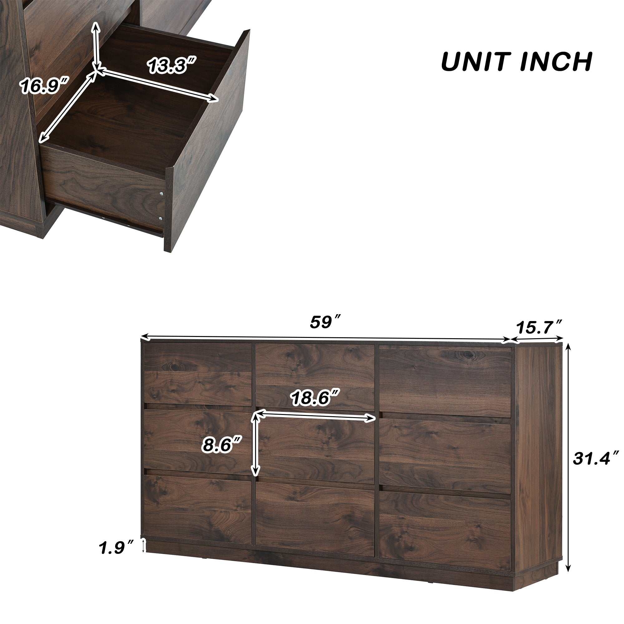 Mid-Century Modern 9 Drawers Dresser - Dark Brown