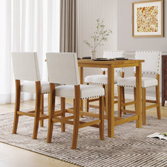 5 Piece Rustic Wooden Counter Height Dining Table Set with 4 Upholstered Chairs - Natural+Beige