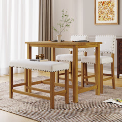 4 Piece Rustic Wooden Counter Height Dining Table Set with Upholstered Bench - Natural+Beige