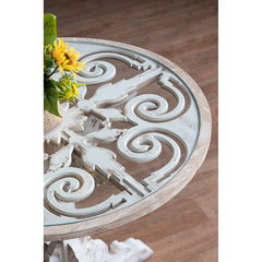 Round Wooden Carved Table - Distressed White Finish Design 24x28.5"