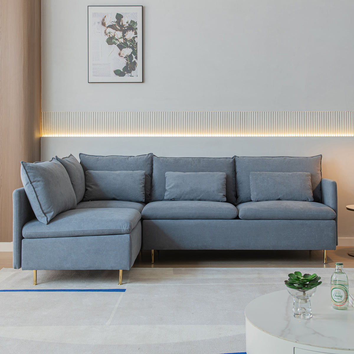 Modular L-shaped Corner sofa, Left Hand Facing Sectional Couch - Grey Cotton Linen