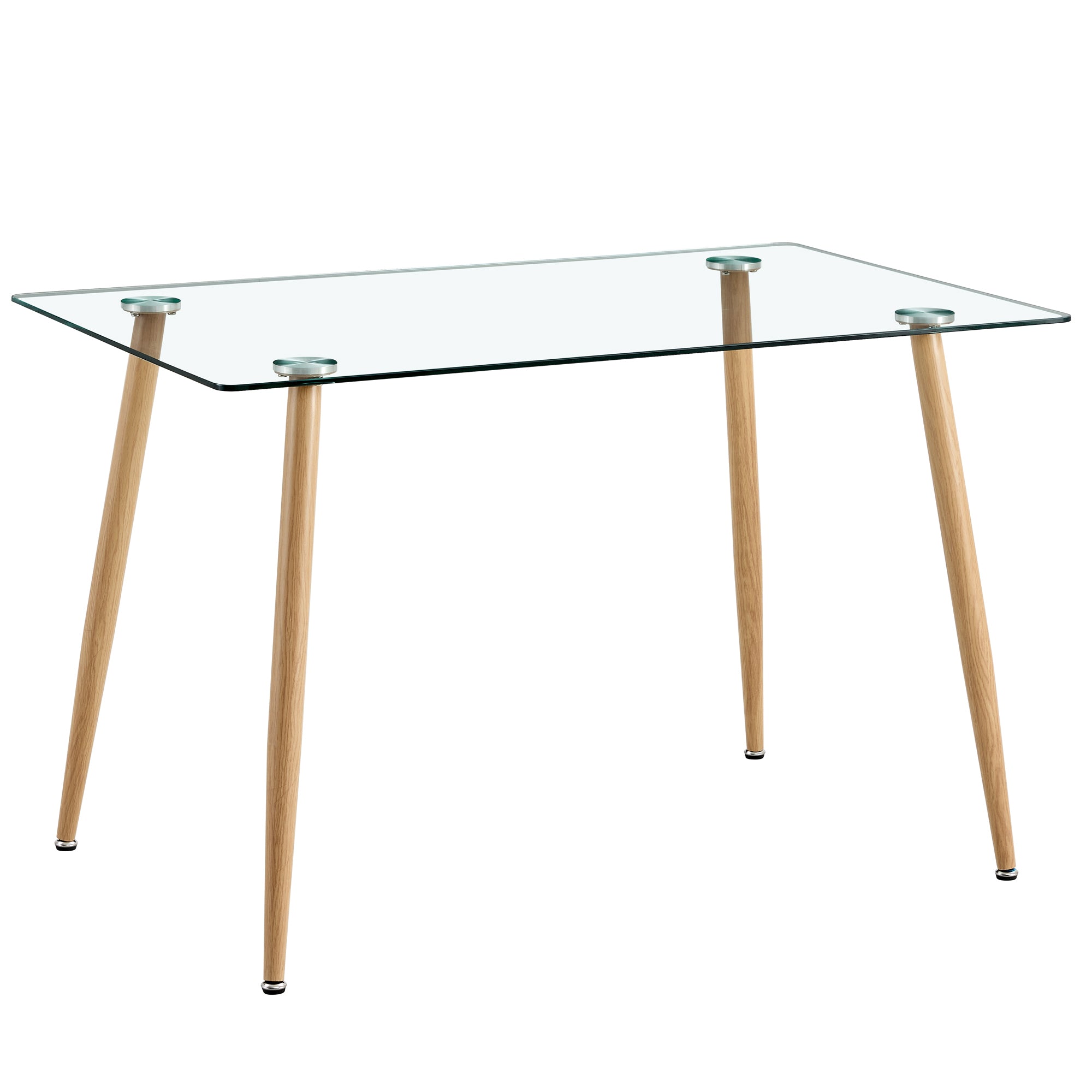 Modern Minimalist Rectangular Glass Dining Table for 4-6 with 0.31" Tempered Glass Tabletop and Wood color Coating Metal Legs - Transparent