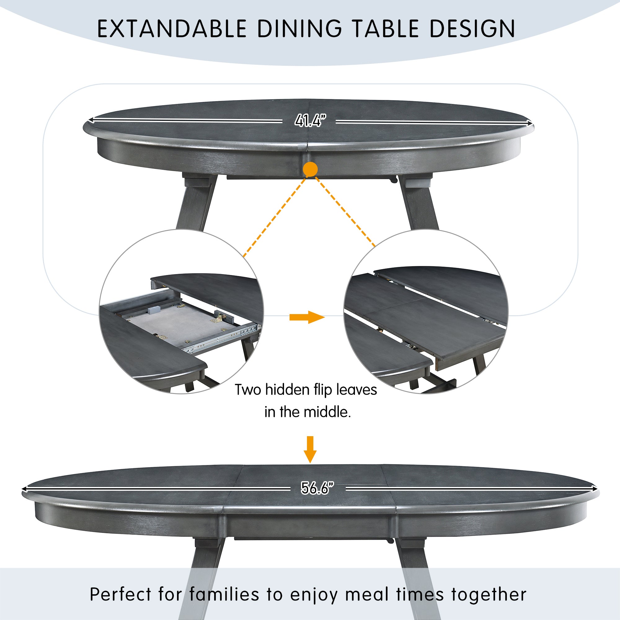5-Piece Wood Dining Set Round Extendable Table with 4 Dining Chairs - Gray