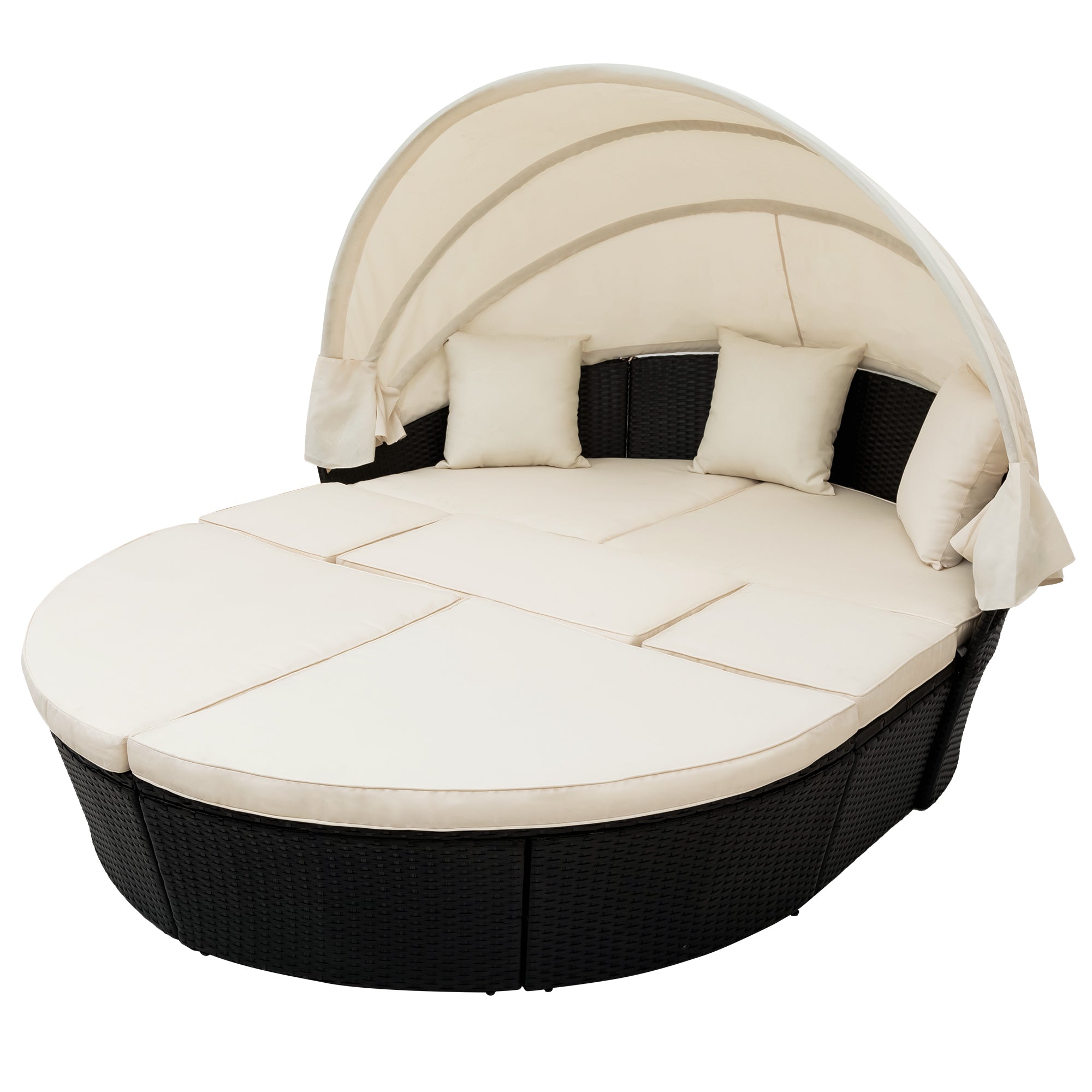 Outdoor Rattan Daybed Sunbed with Retractable Canopy Wicker - Beige