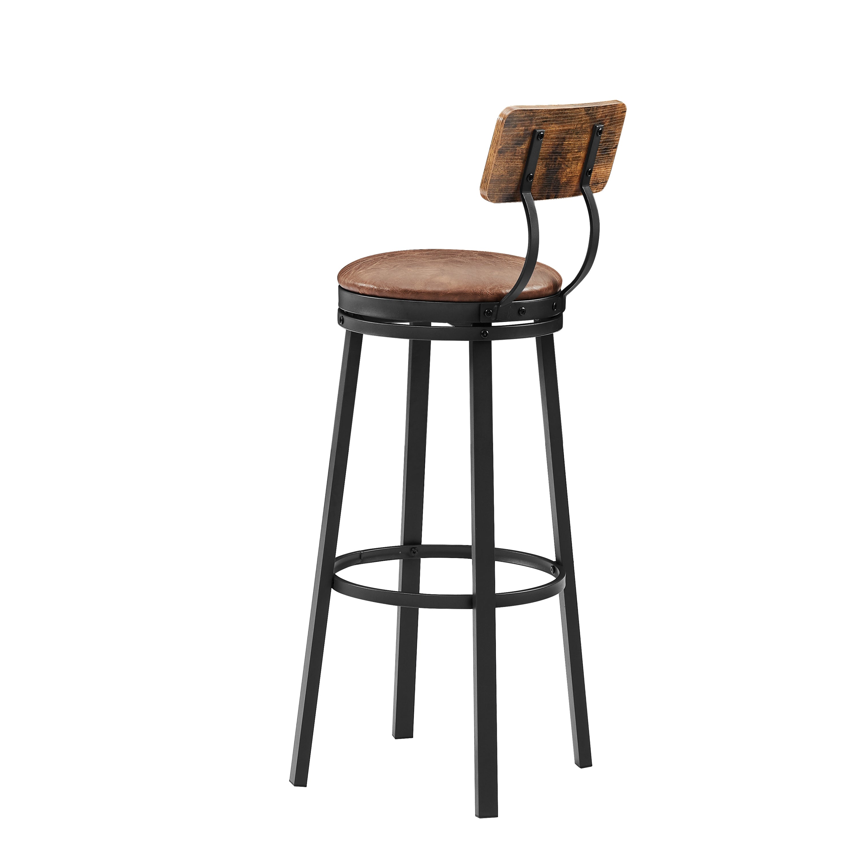 High Bar Stool With Backrest PU Soft Seat Cushion and Footrest (Set of 2) - Rustic Brown