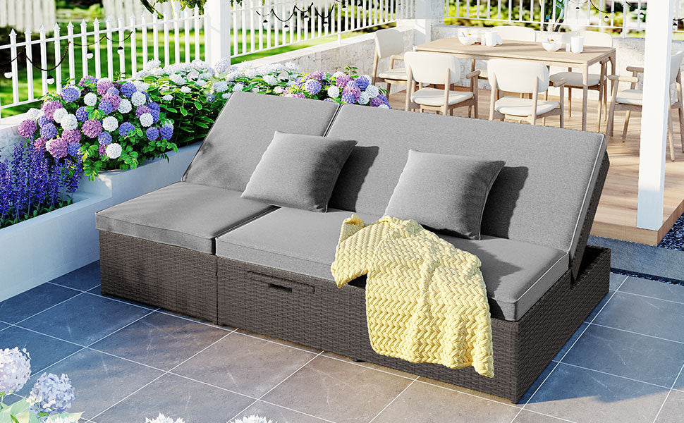 Outdoor Double Sun bed, Wicker Rattan Patio Reclining Chairs with Adjustable Backrest and Seat, Conversational Set for 2 Person - Gray