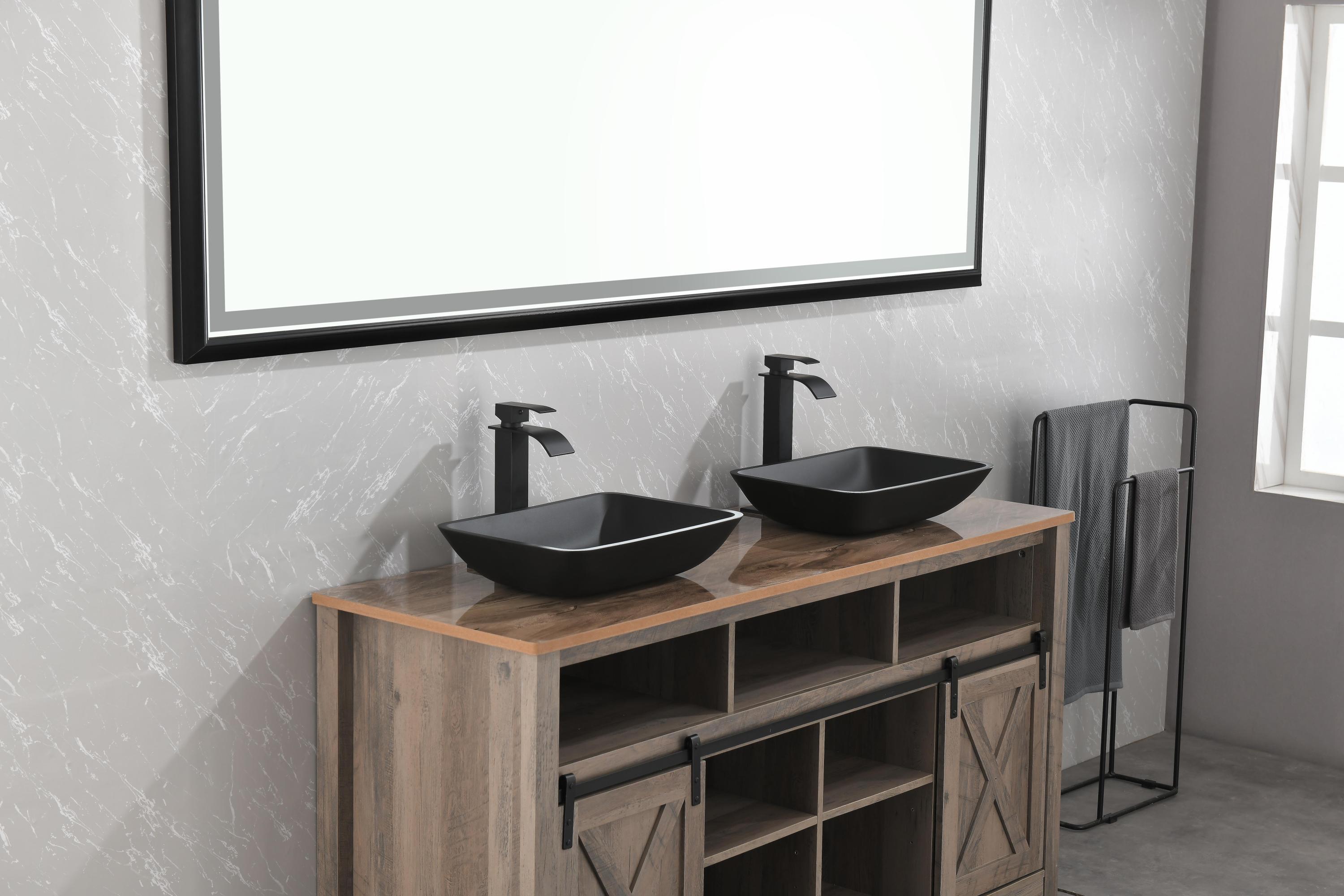 Matte Shell Glass Rectangular Vessel Bathroom Sink in Black with Matte Black Faucet and Pop-Up Drain in Matte Black 13.0" L -18.13" W -4" H