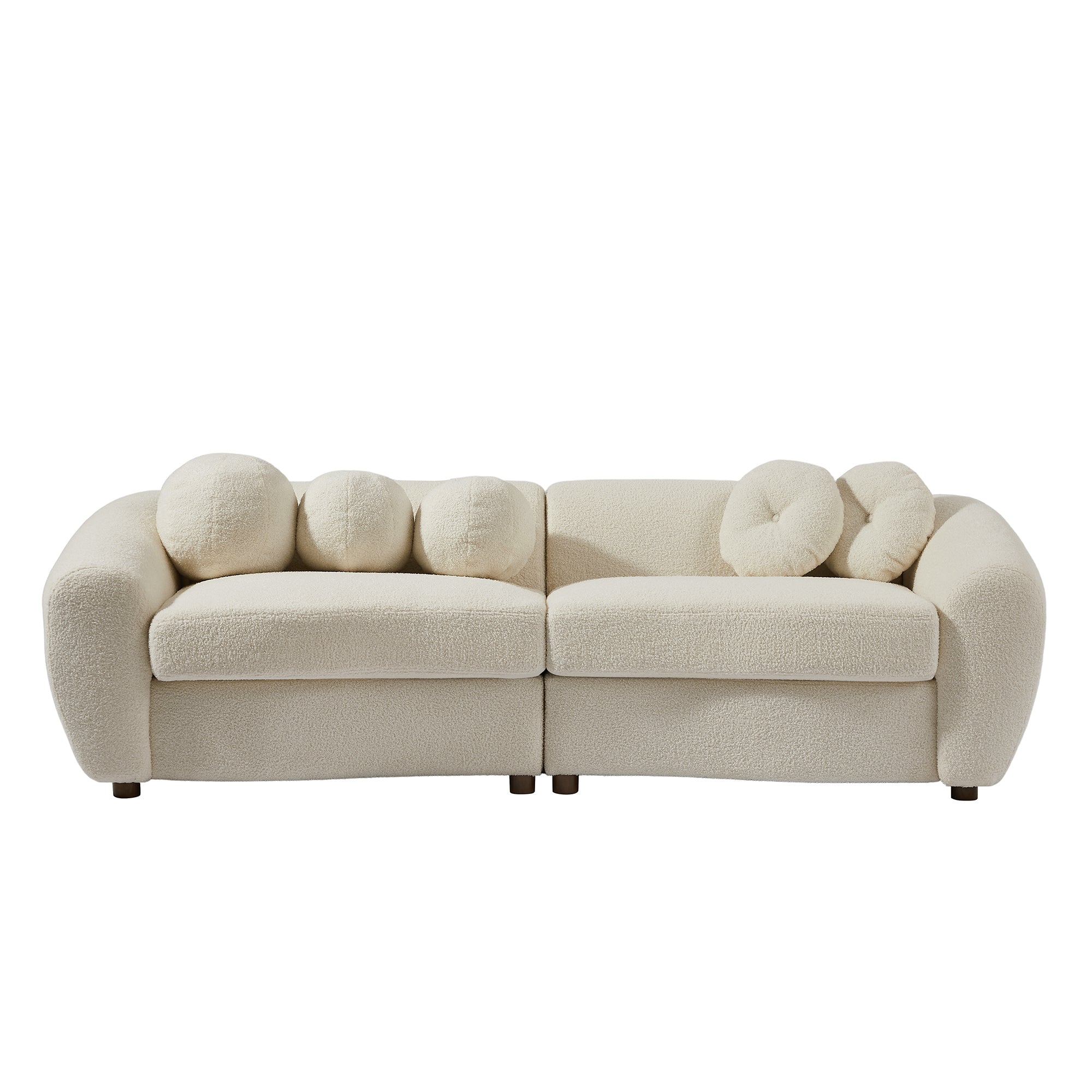 87.7" Modern Curved Sofa, Back Upholstered Couch with 5 Decorative Throw Pillows - Teddy Beige