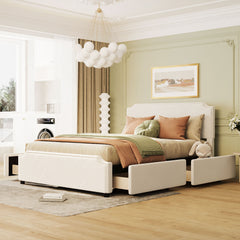 Queen Size Upholstered Platform Bed with Stud Trim Headboard and Footboard and 4 Drawers No Box Spring Needed, Velvet Fabric - Beige