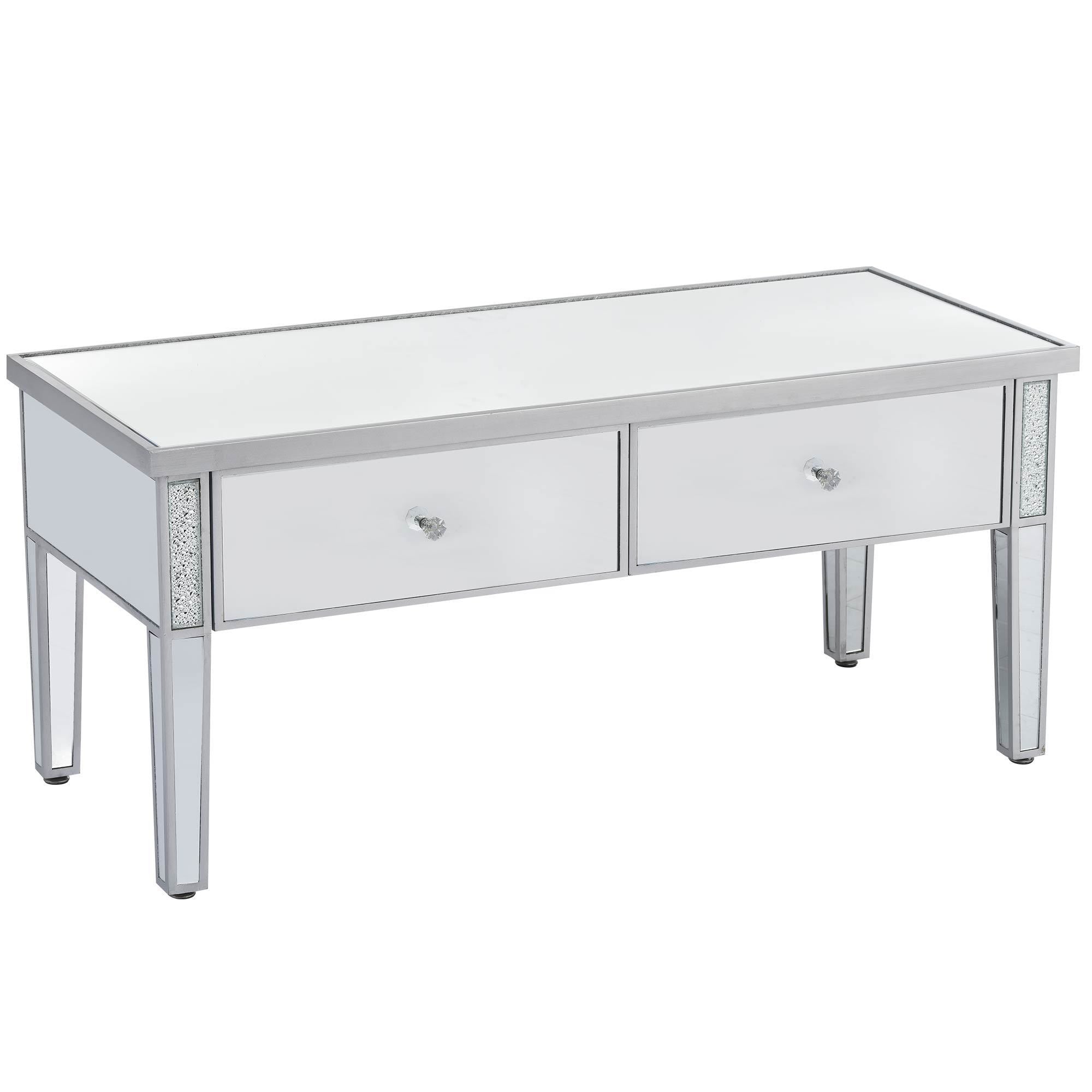 Modern Glass Mirrored Coffee Table with 2 Drawers, Cocktail Table with Crystal Handles and Adjustable Height Legs - Silver
