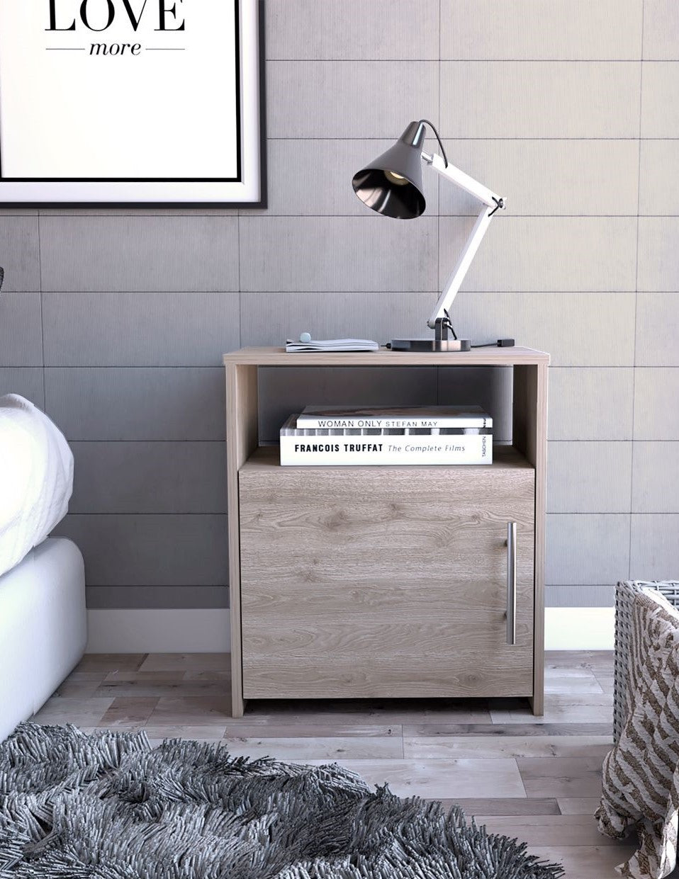 Nightstand, One Shelf, Single Door Cabinet, Metal Handle - Light Gray