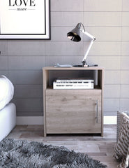 Nightstand, One Shelf, Single Door Cabinet, Metal Handle - Light Gray