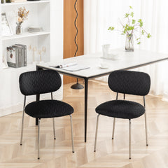 Velvet Dining Chair Leaf Grain Ergonomic Backrest Silver Metal Legs (Set of 2) - Black