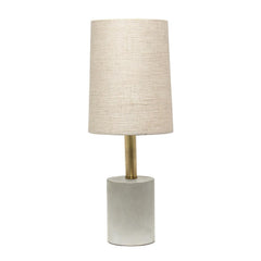 Gray Concrete Base Table Lamp with Antique Brass Detail - Khaki Fabric Shade