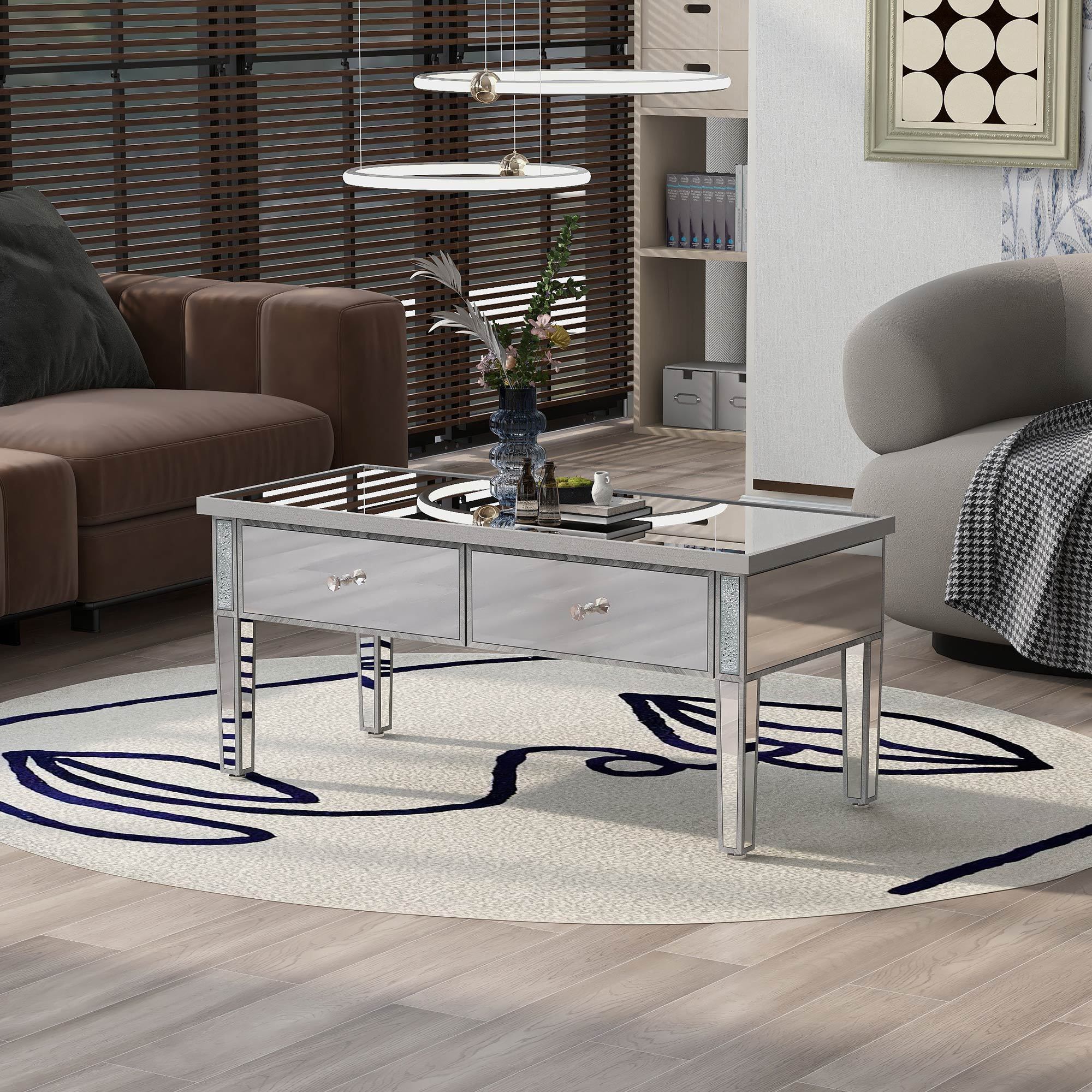 Modern Glass Mirrored Coffee Table with 2 Drawers, Cocktail Table with Crystal Handles and Adjustable Height Legs - Silver