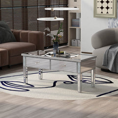Modern Glass Mirrored Coffee Table with 2 Drawers, Cocktail Table with Crystal Handles and Adjustable Height Legs - Silver
