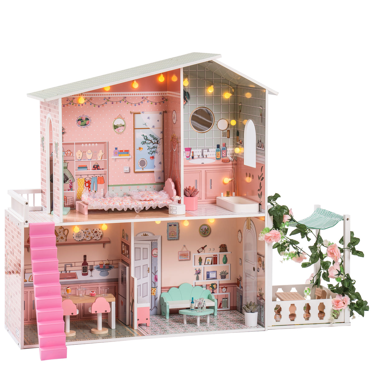 Stylish Dollhouse with Garden for 3+Kids - Green & Pink