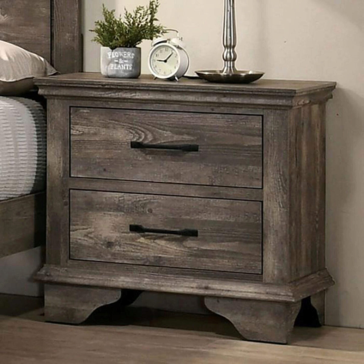 Nightstand Gray Color Solid Wood Veneer Matte Black