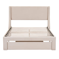 Full Size Storage Bed Velvet Upholstered Platform Bed with a Big Drawer - Beige