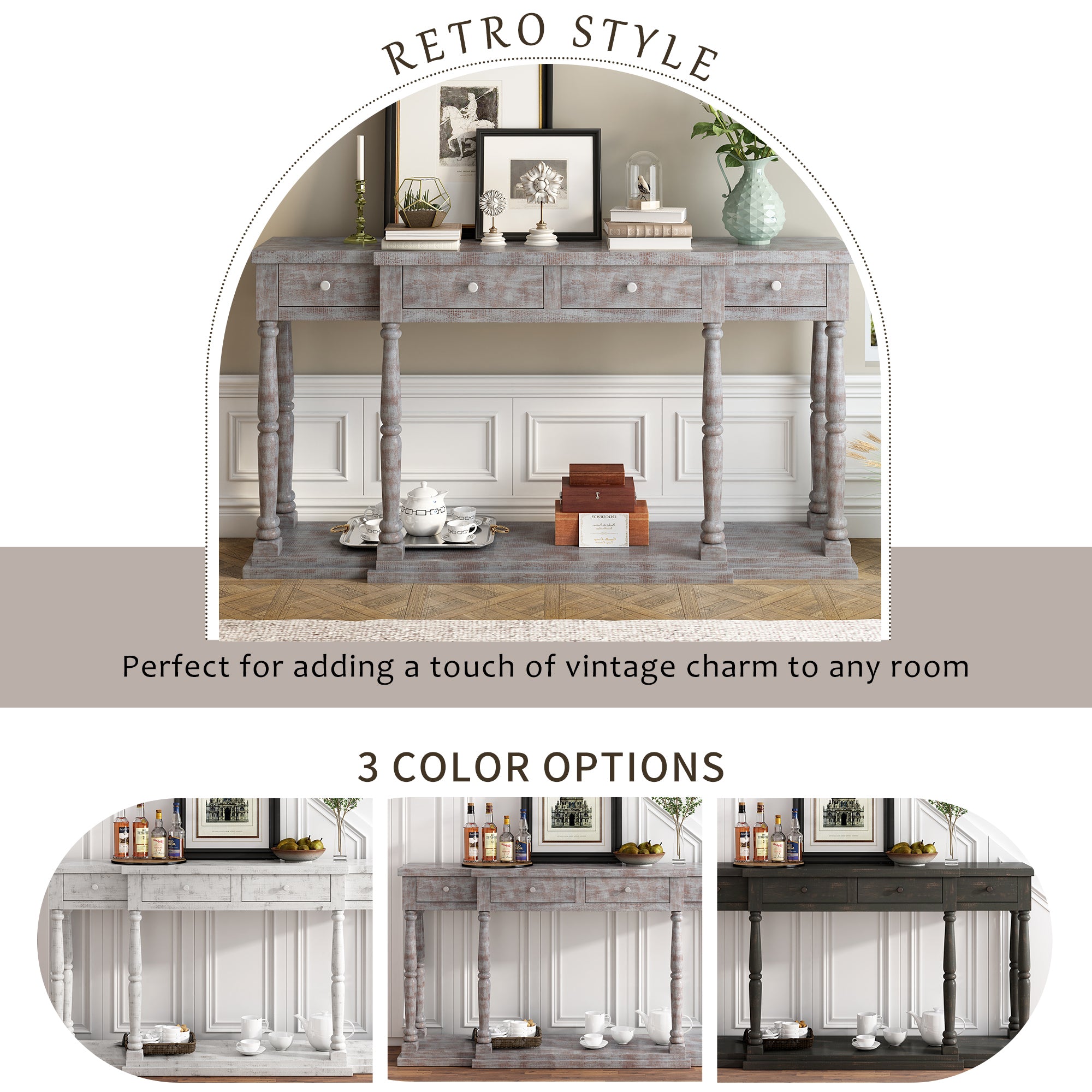 Farmhouse Console Table for Hallway with 4 Front Facing Storage Drawers and 1 Shelf