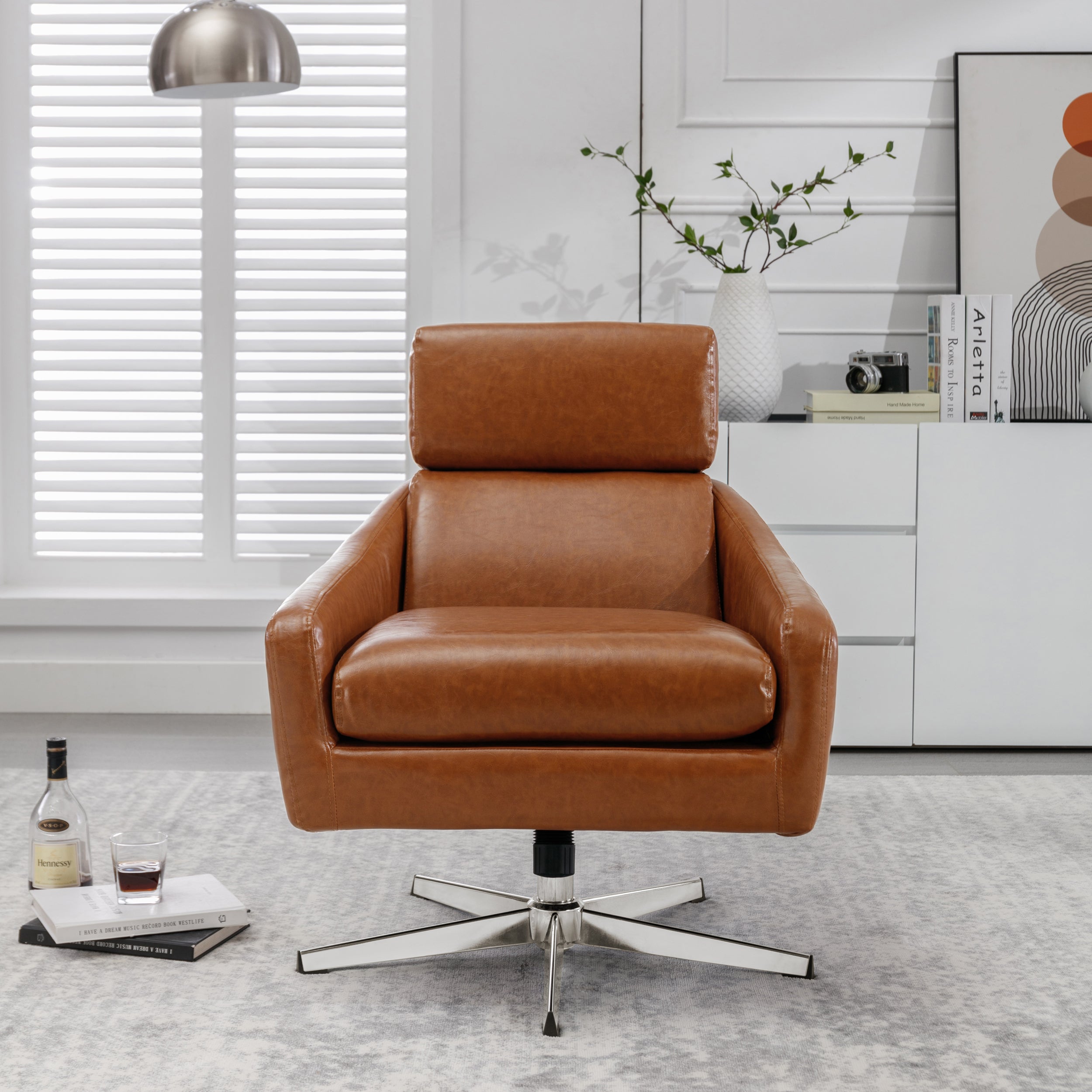 PU Leather Swivel Armchair with Ottoman - Brown