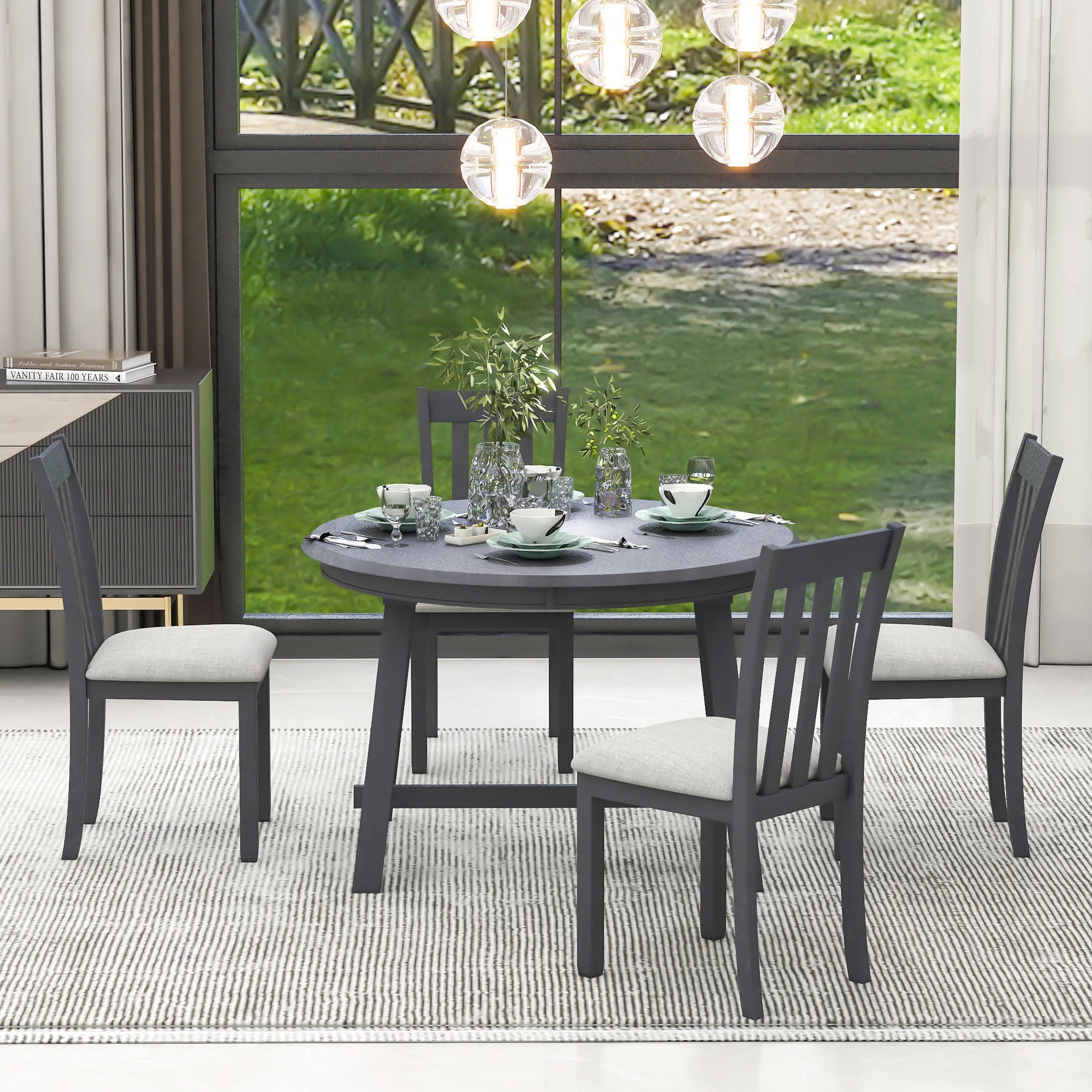 5-Piece Wood Dining Set Round Extendable Table with 4 Dining Chairs - Gray