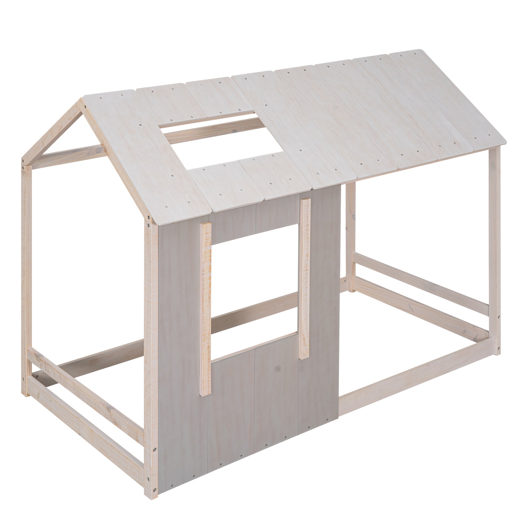 Twin Size House Platform with Roof and Window  - Antique Grey+Antique White