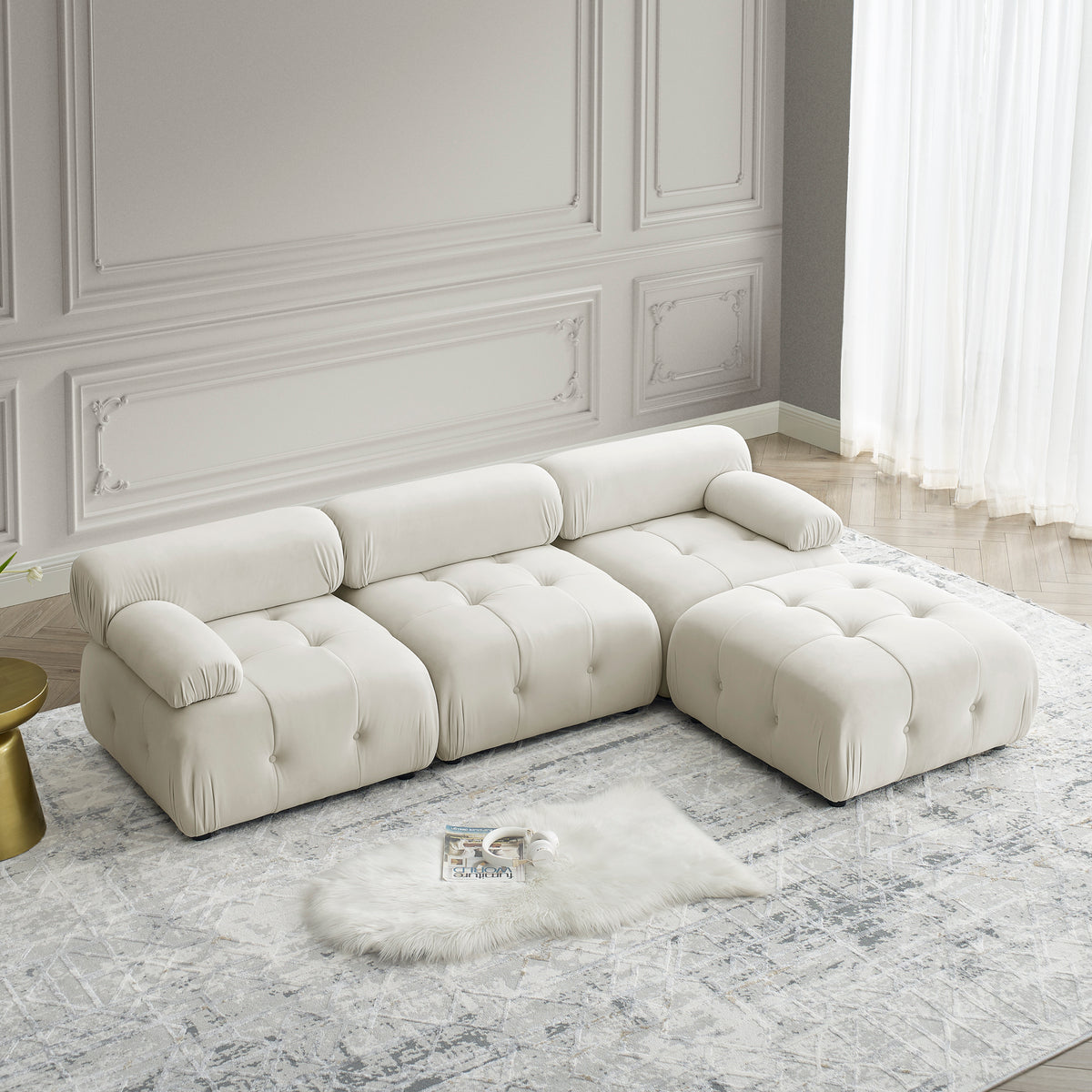 Modular Sectional Sofa, Button Tufted Designed and DIY Combination,L Shaped Couch with Reversible Ottoman - Beige Velvet